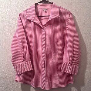 Talbots Womens button down Blouse, Pink and White Striped Collard top Size 16‎